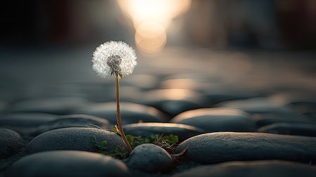 A beautiful dandelion stands alone on a cobblestone pathway, illuminated by the warm glow of sunset, symbolizing resilience and beauty in nature.の素材