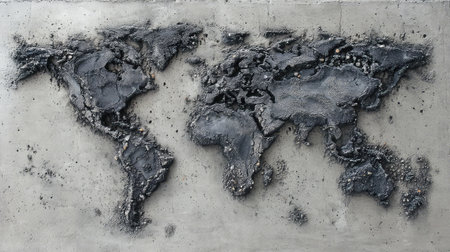 This abstract sculpture of a world map on a concrete surface showcases intricate textures and details, highlighting artistry and global themes. Perfect for creative spaces.の素材