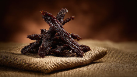 A captivating close-up of delicious dried meat snack, artfully arranged on rustic burlap, perfect for gourmet culinary projects or casual enjoyment.の素材