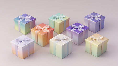 A vibrant arrangement of colorful gift boxes adorned with ribbons on a soft neutral background, perfect for conveying celebration and joy in any design.の素材