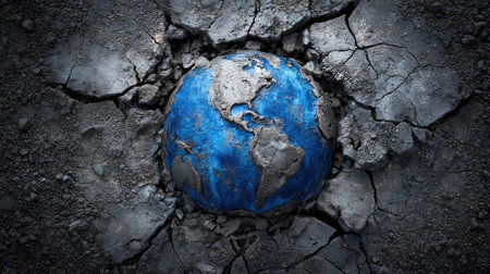 This striking image features a cracked earth surface revealing a colorful globe, symbolizing pressing environmental challenges and global issues impacting our planet.の素材