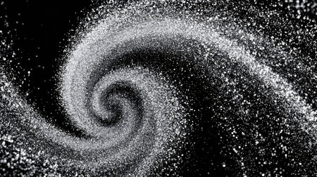 An enchanting swirl of silver glitter creates a stunning visual effect against a rich black background. Ideal for artistic projects and wallpapers.の素材