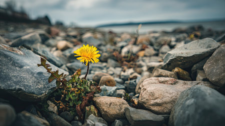 A striking yellow flower emerges from a rugged landscape of stones, symbolizing resilience against the odds. The image captures nature's beauty and tenacity amidst a gloomy shoreline, offering a moment of hope and inspiration.の素材
