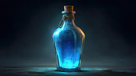Captivating vintage glass bottle filled with a glowing blue liquid, set against a dark background, perfect for themes of fantasy or magic.の素材