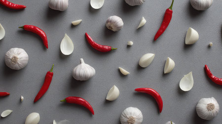A visually appealing arrangement of fresh garlic and red chili peppers on a gray backdrop, perfect for culinary projects and food-related concepts.の素材