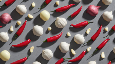 A vibrant display of fresh garlic and red chili peppers arranged artistically on a gray background, perfect for culinary projects or food presentations.の素材