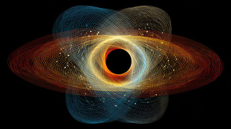 This captivating digital artwork showcases an abstract representation of a black hole surrounded by vibrant energy waves, creating a mesmerizing cosmic phenomenon.の素材