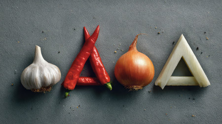 A visually captivating arrangement of fresh garlic, red chilies, and an onion displaying triangle shapes, perfect for culinary creativity and food art inspiration.の素材