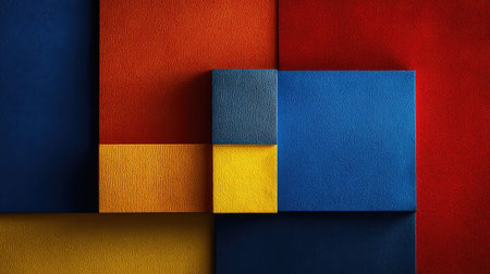 This image features an abstract arrangement of colorful geometric shapes in red, blue, yellow, and orange, creating a bold and modern visual experience.の素材