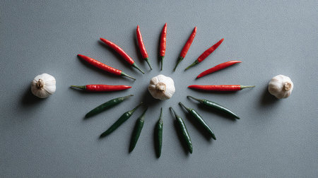 A visually striking composition featuring vibrant red and green chilies paired with garlic, all artistically arranged on a textured gray background, perfect for food-related content.の素材
