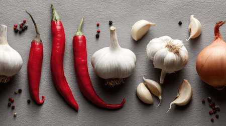 A visually appealing display of fresh garlic, vibrant red chili peppers, and onion on a textured gray background. Ideal for food-related themes.の素材