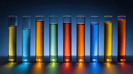 A vibrant collection of test tubes filled with various colorful liquids showcases the diversity of chemical solutions in a laboratory setting.の素材