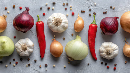 This vibrant arrangement of fresh vegetables and spices, including various onions, garlic, and chili peppers, showcases culinary diversity and promotes healthy cooking. Perfect for food photography.の素材