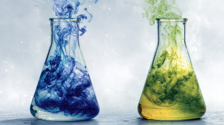 Two laboratory flasks display vibrant swirling blue and green liquids, showcasing a dynamic chemistry experiment with colorful and visually appealing patterns.の素材