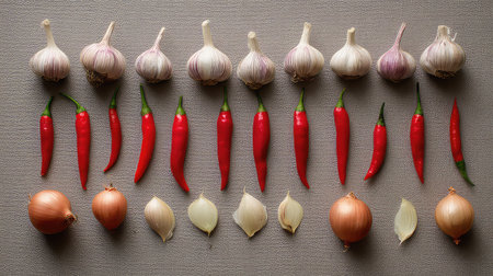 This vibrant composition showcases fresh garlic, red chilies, and onions arranged neatly on a textured background, perfect for culinary enthusiasts and food art.の素材
