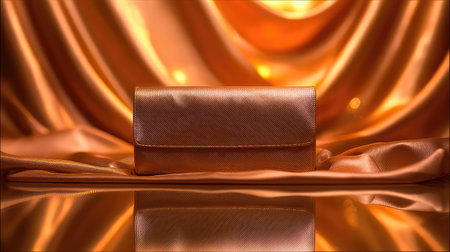 This image features an elegant rose gold clutch purse placed on a soft satin background, enhanced by warm glow and rich drapery, ideal for fashion visuals.の素材