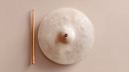 This captivating top view image features a cymbal and a wooden drumstick resting on a smooth beige surface. Ideal for music and percussion themes.の素材