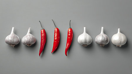 A visually appealing arrangement of fresh garlic cloves and vibrant red chili peppers on a smooth gray surface, perfect for food styling and culinary inspiration.の素材