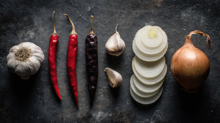 A visually enticing arrangement of fresh onions, garlic, and chili peppers on a dark surface, showcasing vibrant colors and textures. Ideal for culinary themes.の素材