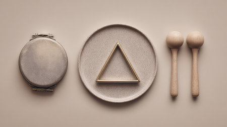 A serene and minimalist still life featuring a triangle shape, wooden utensils, and a textured plate on a soft beige background. This composition captures elegance and simplicity, ideal for design and decor inspirations.の素材