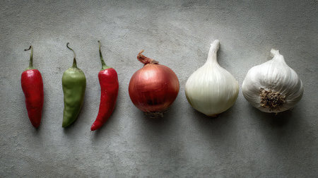 This image showcases a stunning arrangement of fresh vegetables including red and green peppers, onion, and garlic on a textured surface, perfect for culinary artwork.の素材