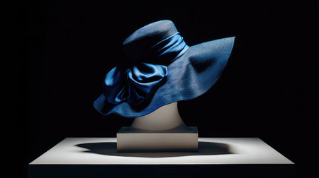 This striking image features an elegant blue hat adorned with a large bow, artfully positioned on a minimalist stand, creating a stunning visual impact against a dark backdrop.の素材