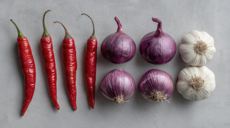 A stunning composition of fresh red chilies, vibrant purple onions, and white garlic cloves, perfect for cooking enthusiasts and health-conscious chefs.の素材