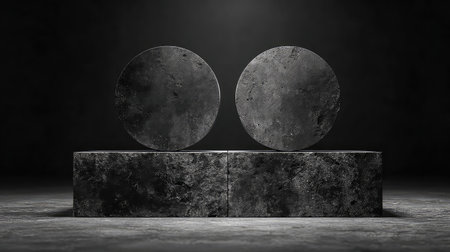 This striking image features abstract geometric shapes, specifically two circles on textured platforms, creating a captivating minimalist aesthetic in a dramatic black and white style.の素材