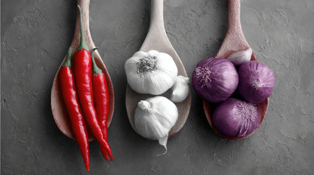 An artistic display of fresh vegetables and aromatics on wooden spoons, showcasing vibrant colors and textures that inspire culinary creativity. Perfect for food photography.の素材