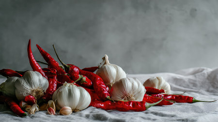 An artistic arrangement of fresh garlic bulbs and vibrant red chili peppers on a textured surface, perfect for culinary and healthy cooking inspiration.の素材