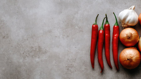 A vibrant arrangement of fresh red chili peppers, onions, and garlic on a rustic surface, perfect for culinary photography or cooking projects.の素材