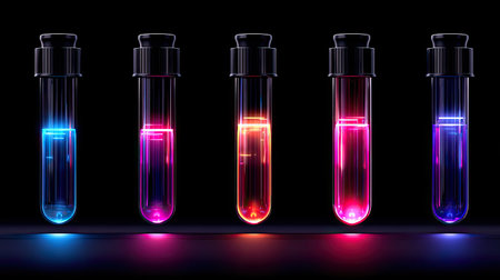 This captivating image showcases test tubes filled with luminous fluids in diverse colors, creating a dynamic and artistic atmosphere, perfect for science and laboratory themes.の素材