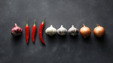 A vibrant display of fresh vegetables including various onions, garlic cloves, and colorful chilies arranged artistically on a dark surface.の素材