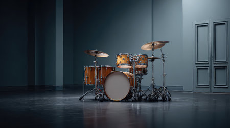 This image showcases an acoustic drum set positioned in a minimalist room featuring soft lighting and an empty space, perfect for music enthusiasts.の素材