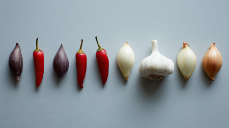 A visually appealing arrangement of fresh vegetables including garlic, different types of onions, and chili peppers on a light gray background, ideal for culinary projects.の素材