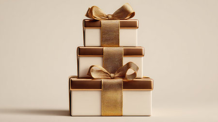 This image showcases a beautifully arranged stack of gift boxes adorned with gold ribbons, ideal for various celebrations and special occasions.の素材