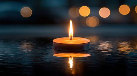 A beautiful candle flame gracefully sits on a calm water surface, surrounded by a dreamy bokeh background, evoking feelings of tranquility and peace.の素材