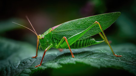 A stunning close-up of a vibrant green grasshopper perched on a leaf, showcasing intricate textures and colors in a natural garden environment.の素材