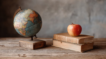 This captivating image features a vintage globe alongside two stacked books and a fresh apple, capturing the essence of education and exploration in a rustic setting.の素材
