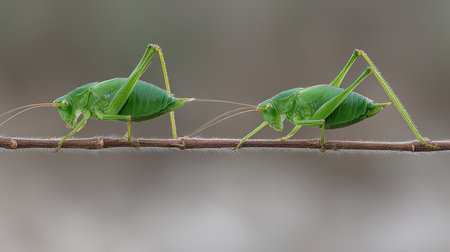 A stunning close-up image of two green grasshoppers resting on a slender branch, showcasing their vibrant color and intricate details in a natural setting.の素材