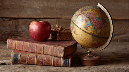 A captivating still life featuring a vintage globe, a bright red apple, and a stack of old books. The rustic wooden surface adds warmth and charm, creating an inviting and nostalgic scene perfect for educational or decorative purposes.の素材