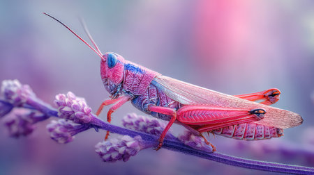 This stunning close-up image captures a colorful grasshopper resting on delicate lavender flowers, showcasing vibrant hues against a dreamy background.の素材