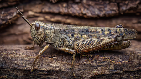 This image features a detailed macro view of a grasshopper resting on textured bark. The photograph highlights intricate features of the insect, capturing its unique anatomy and natural environment beautifully.の素材