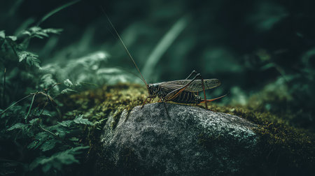 This captivating image showcases a grasshopper perched on a moss-covered rock, surrounded by lush greenery and soft natural lighting, emphasizing the beauty of nature.の素材