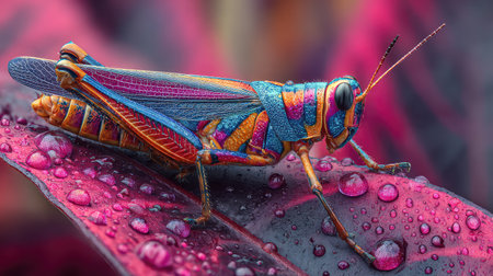 This stunning macro image captures a colorful grasshopper perched on a leaf, adorned with glistening water droplets, showcasing vivid details in nature.の素材