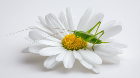 A vivid green grasshopper perched on a white daisy flower, showcasing nature's beauty and vibrant colors in a serene composition, perfect for nature lovers.の素材