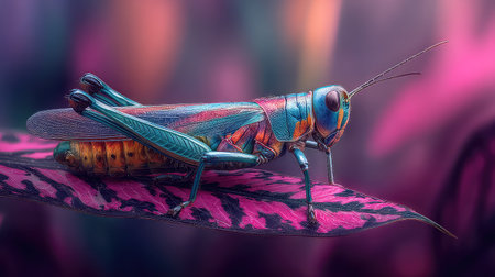 A captivating image showcasing a colorful grasshopper perched on a vibrant leaf, revealing intricate details and textures in a beautifully blurred background.の素材