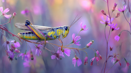 A striking grasshopper rests on vibrant pink flowers, set against a soft pastel background. This enchanting nature scene captures the essence of spring, showcasing delicate beauty and tranquility in the wild.の素材