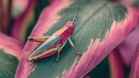 A striking grasshopper perches gracefully on a bright tropical leaf, highlighting the intricate patterns and vibrant colors of nature in harmony.の素材