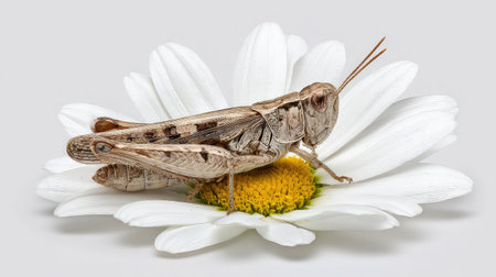 This high-resolution image captures a grasshopper perched on a white daisy. The intricate details reveal the insectの素材